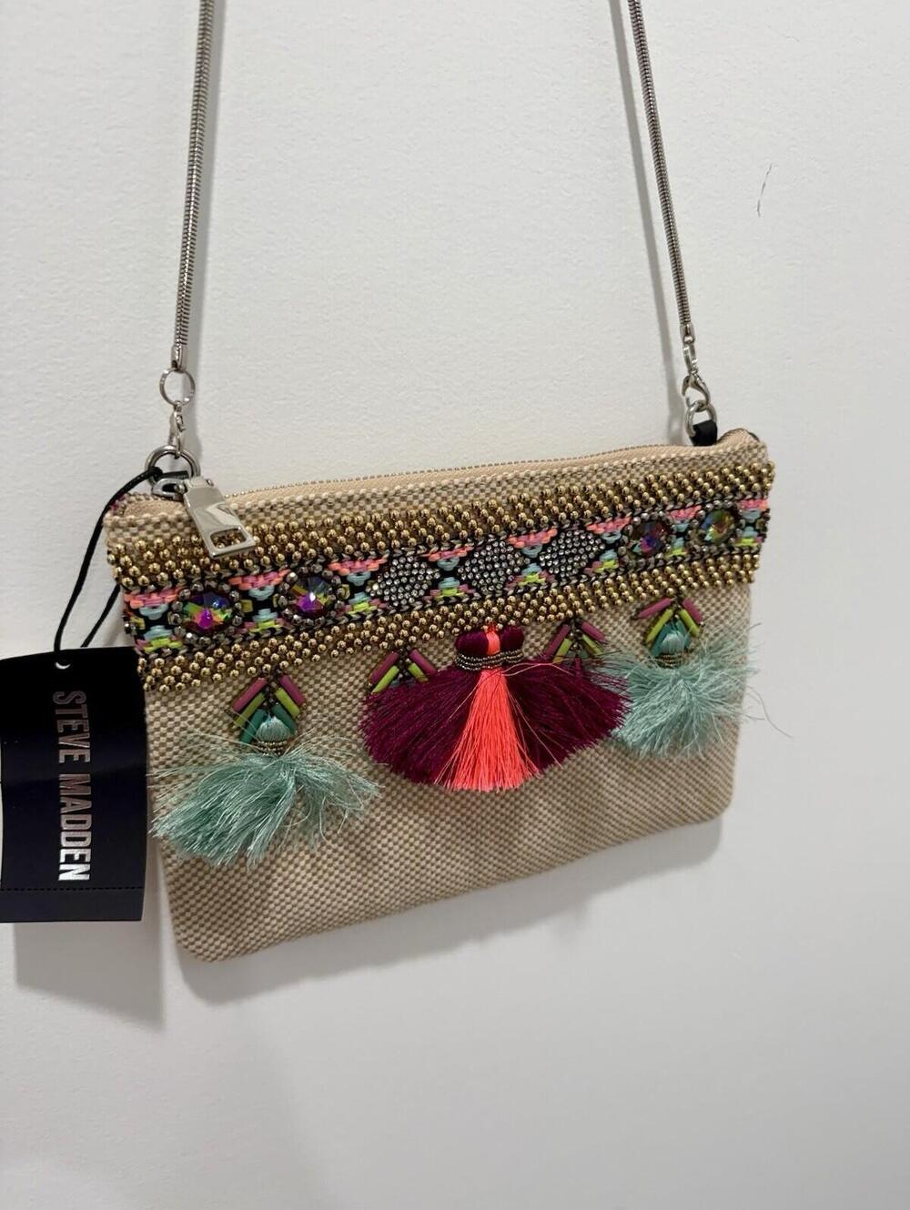 Steve Madden Beaded Tassel Crossbody Clutch Bag Multicolor Boho Festival NWT - Picture 3 of 14